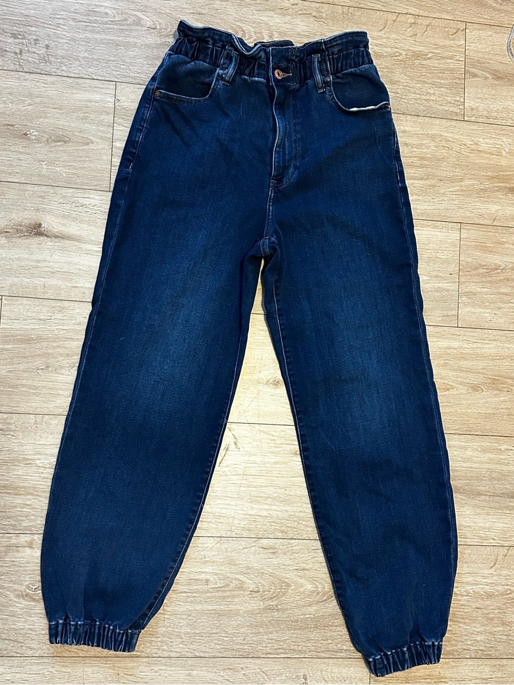 Express Paper Bag Super High Rise Women's Dark Blue Elastic Waist Jean Joggers
